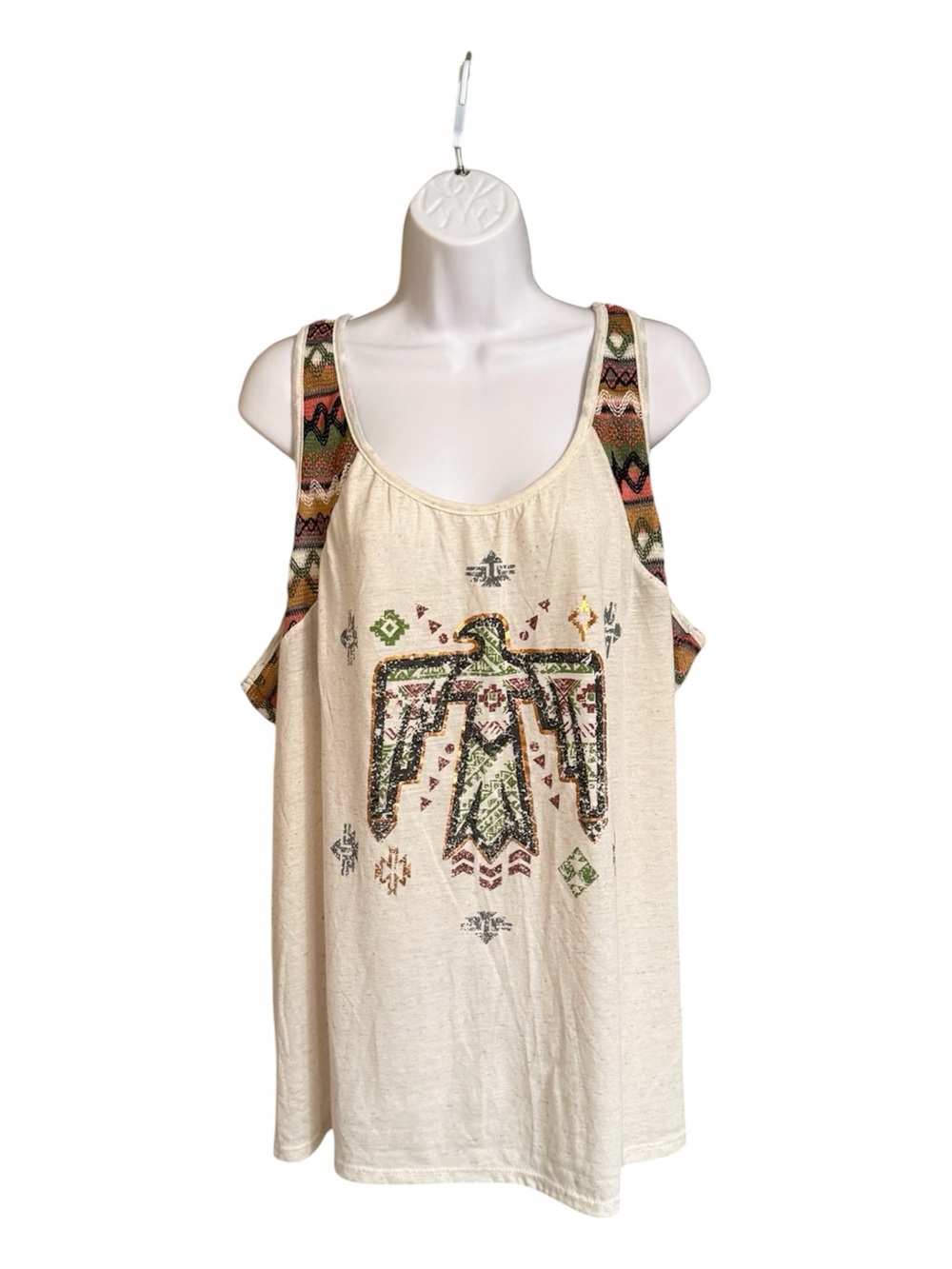 Maurices Plus Size 4 Thunderbird Graphic Tank Top Cream Crochet Back Linen Blend